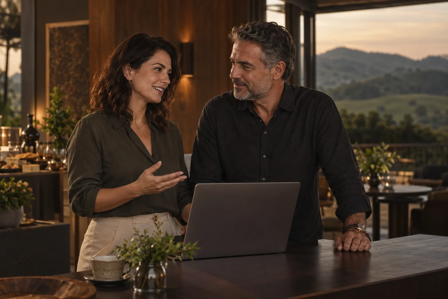 Cena ilustrativa de dois empresários conversando ao lado de um computador
